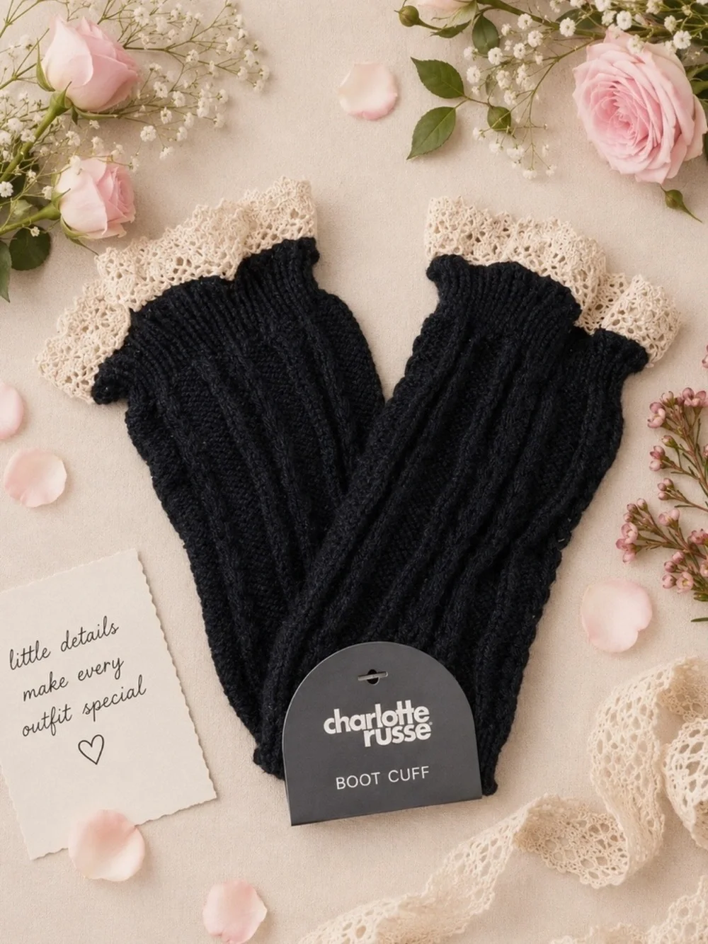 NWT Charlotte Russe Crochet Knit Boot Cuffs Toppers Black with Ivory OS